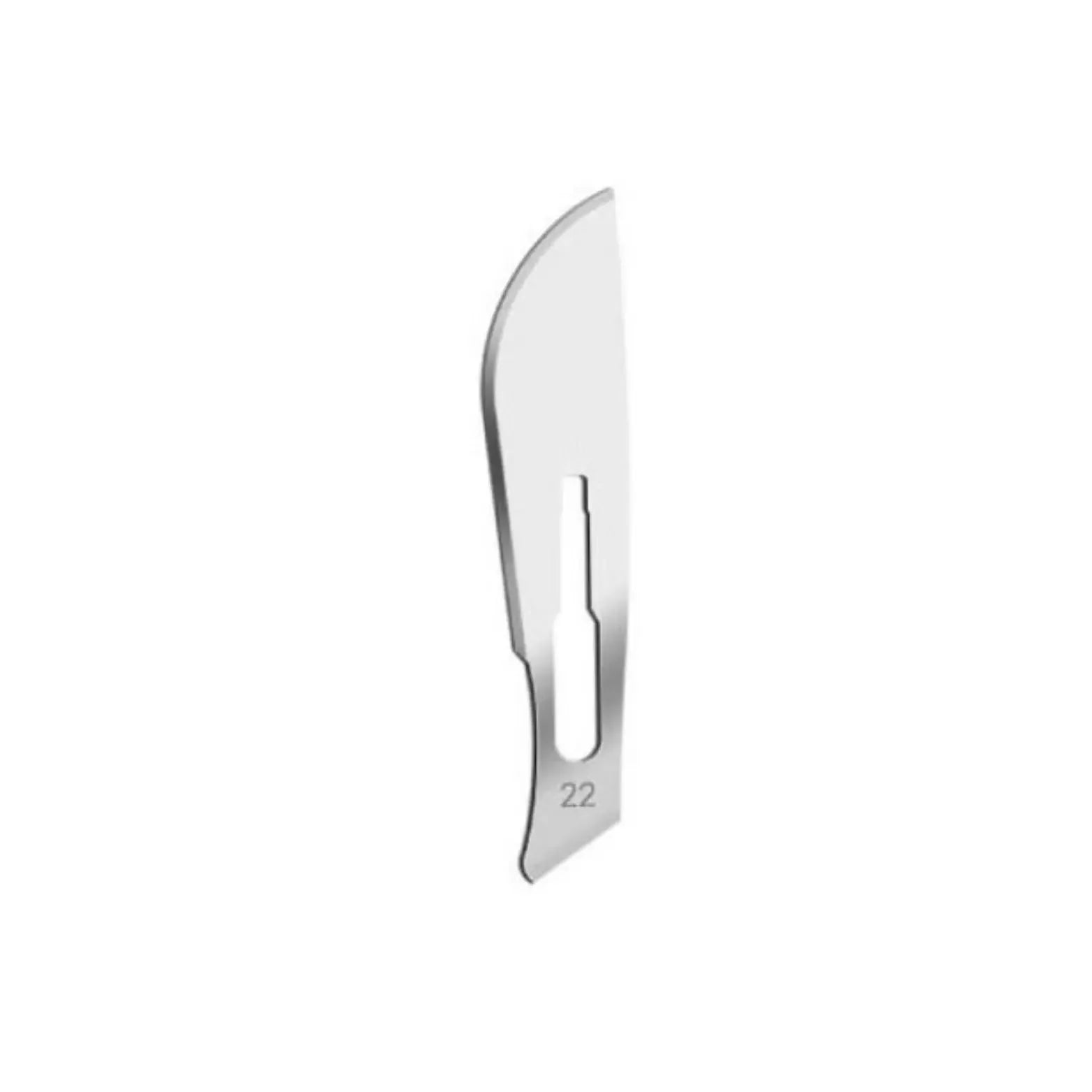Scalpel blade number 22 for surgical and medical use, stainless steel, on white background.