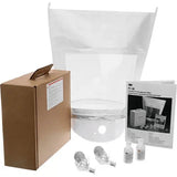 Fit test kit with hood, solution bottles, nebulizers, instruction manual, and box for respirator mask testing.