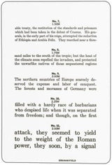 Close-up of a printed text page with large black text and numbered distance labels on a white background, featuring different text sizes for vision testing or reading clarity assessment.