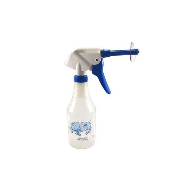 Ear irrigation bottle with blue trigger and nozzle, medical ear washer for home care