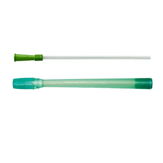 Sterile intermittent catheter with green tip and protective sleeve for medical use