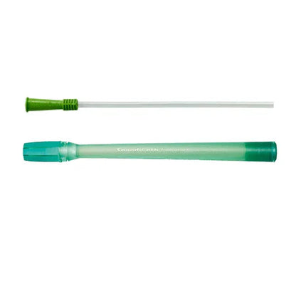 Sterile intermittent catheter with green funnel, disposable medical supply