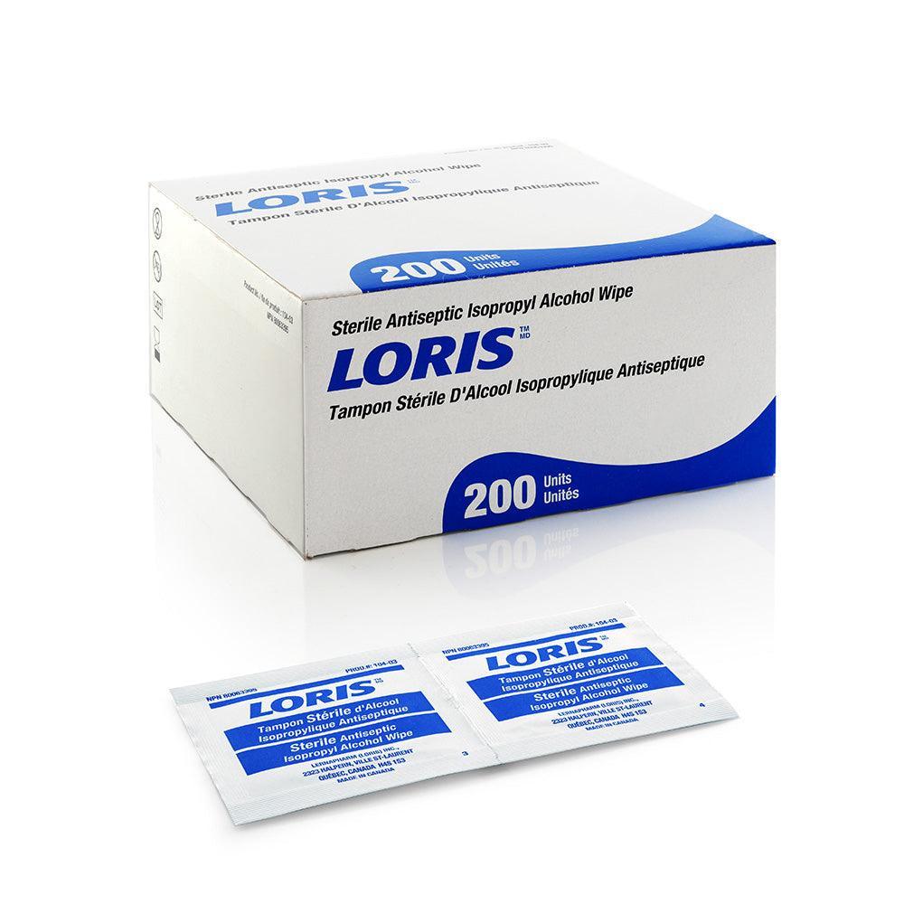 Box of LORIS sterile antiseptic isopropyl alcohol wipes, 200 units, with individual packets displayed