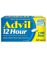 Advil 12 Hour 600mg ibuprofen tablets box, 52 count, pain relief for arthritis, muscle, and joint.