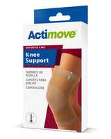 Actimove arthritis care knee support packaging showing beige knee brace on leg.