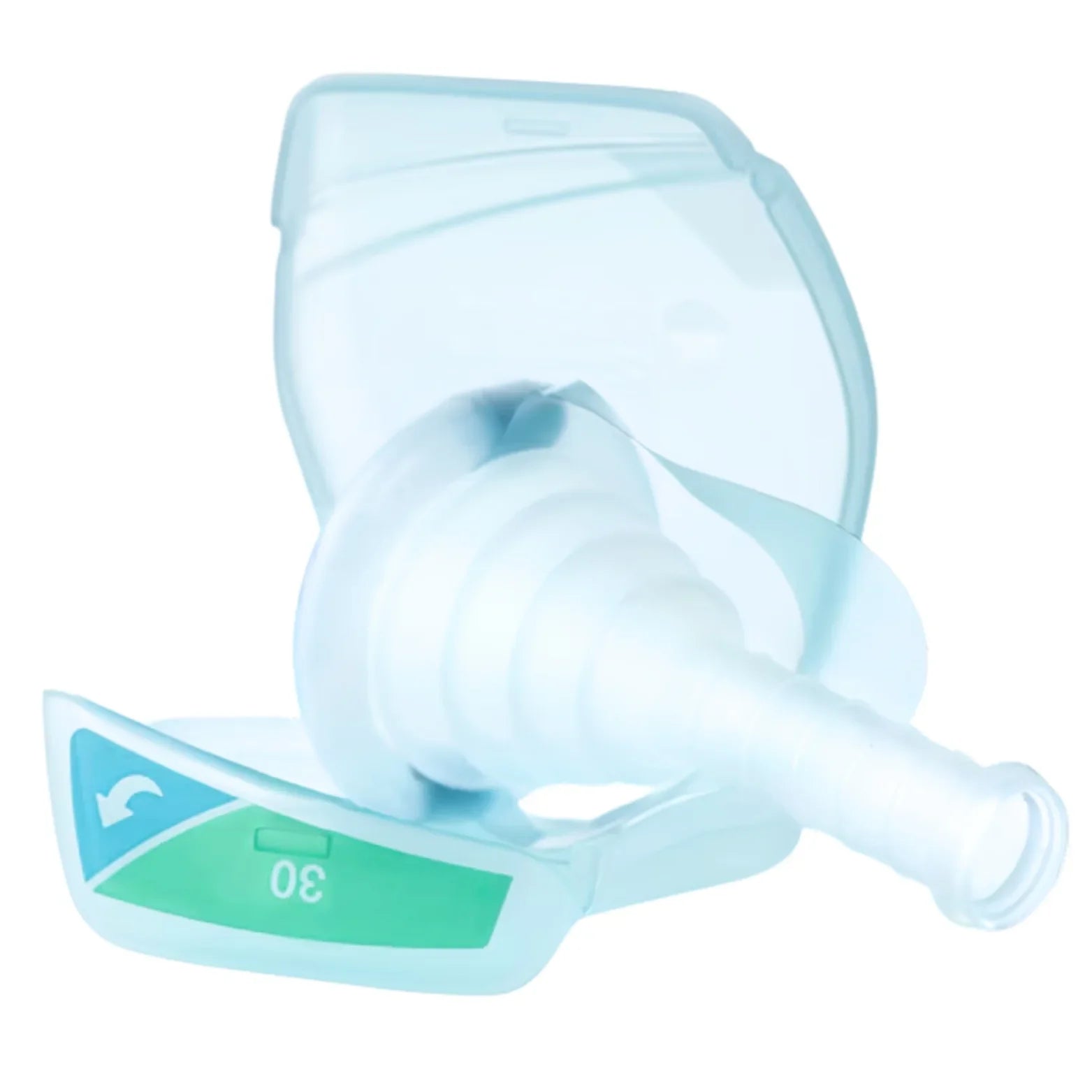 Close-up of a single-dose dry powder inhaler with clear dosage indicator, medical device