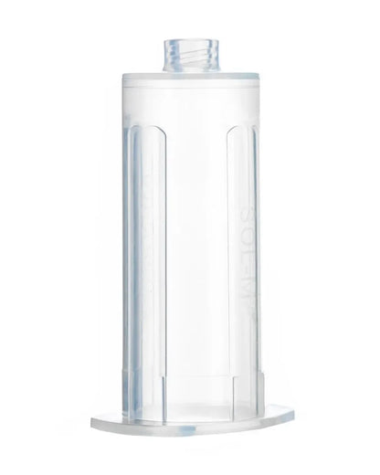 Clear plastic medical container with screw top, isolated on white background.