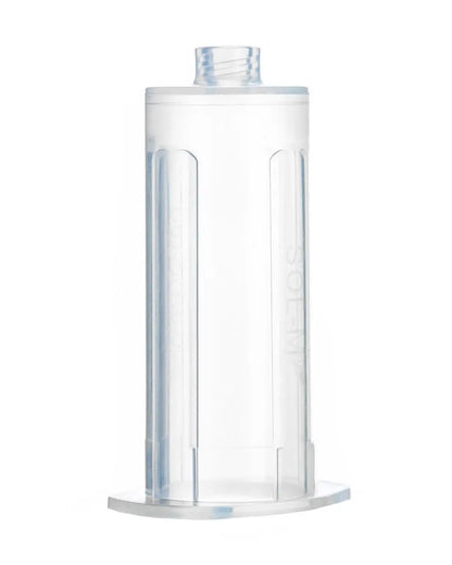 Transparent medical plastic canister with threaded top opening on white background