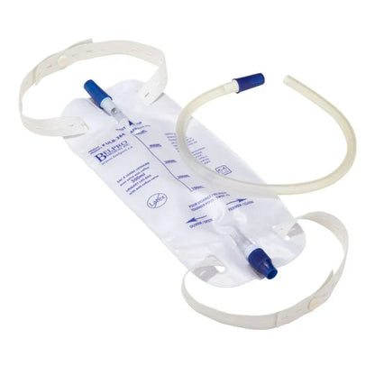 Sterile medical urinary drainage bag with measurement markings, tubing, and adjustable straps