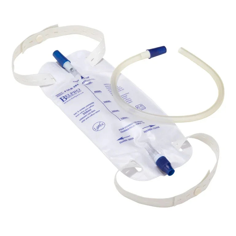Sterile plastic urinary drainage bag with tube and white adjustable straps for medical use