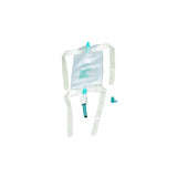 Leg urine drainage bag with adjustable white straps and blue drain valve for home care