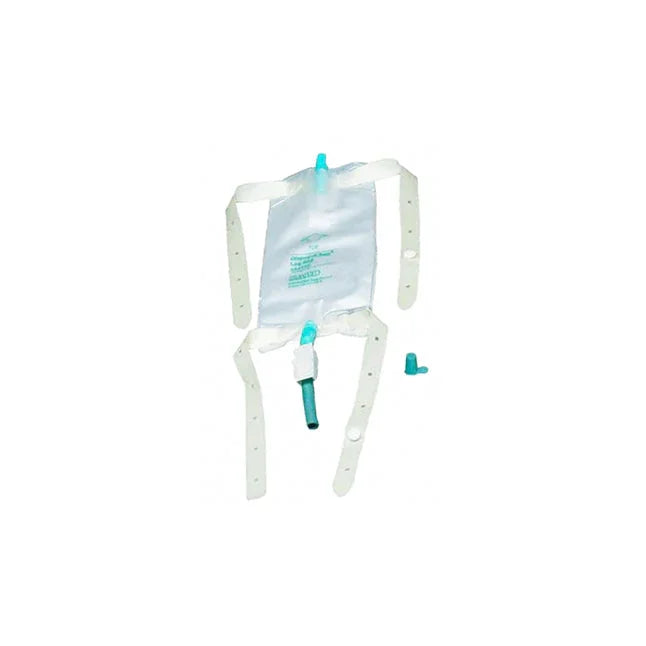 Leg urine drainage bag with adjustable white straps and blue drain valve for home care