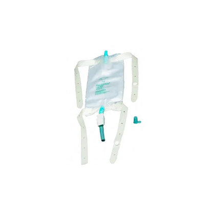 Leg drainage bag with straps and green valve for home medical care