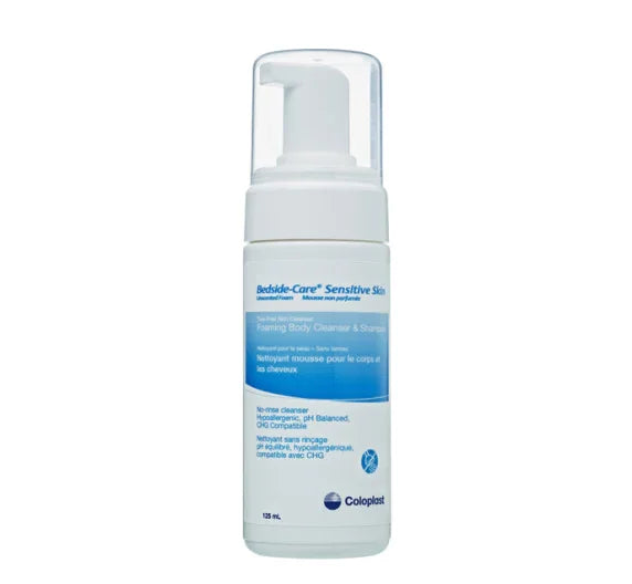 Coloplast Bedside-Care Sensitive Skin foaming body cleanser and shampoo bottle, 125mL