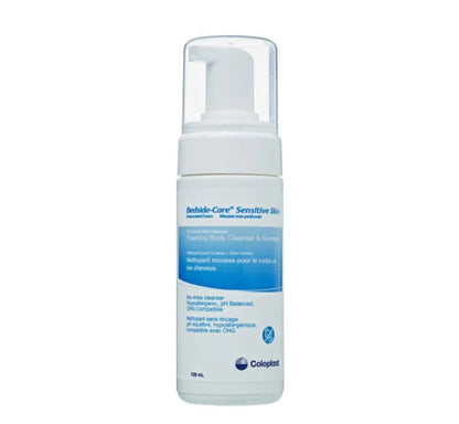 Coloplast Bedside-Care Sensitive Skin foaming body cleanser and shampoo bottle, 125mL