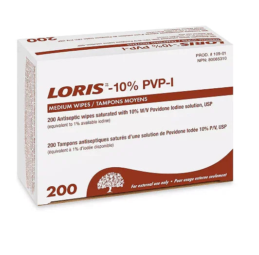 Box of LORIS 10% PVP-I medium antiseptic wipes, 200 count, home care medical supplies