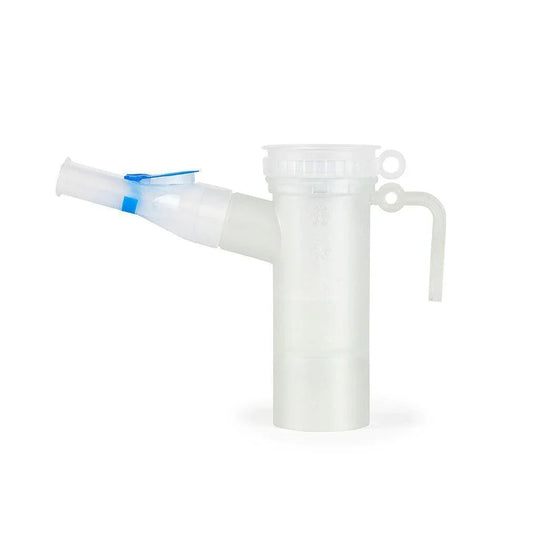 Disposable nebulizer kit with mouthpiece for respiratory therapy on white background