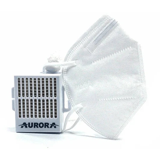 White KN95 face mask with Aurora-branded filter block, home care respiratory PPE