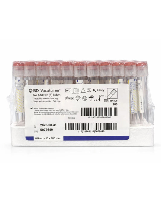 BD Vacutainer No Additive (Z) Plus Tubes 6mL | 100/Box | 366408