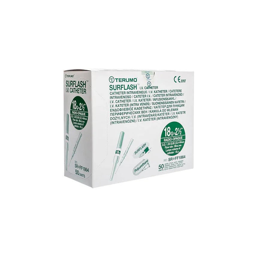 Terumo Surflash IV catheter 18G 2.5 inch sterile medical box, 50 units