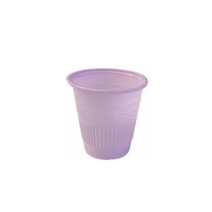 Disposable purple plastic medicine cup with textured grip, medical supply product