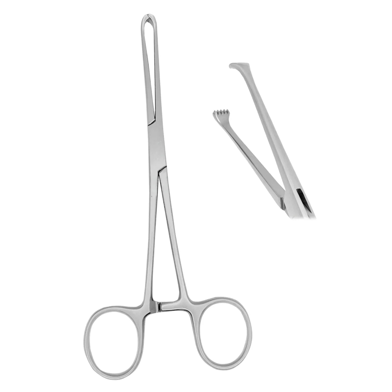 Stainless steel medical forceps with serrated tips on white background, surgical instrument