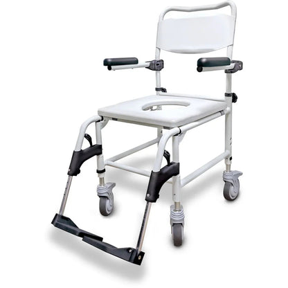 Rolling shower commode chair with open seat, armrests, footrests, and locking wheels for home care.