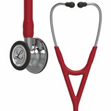 Red and silver Littmann stethoscope with dual head, medical diagnostic tool.