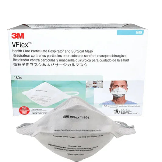 3M VFlex 1804 N95 surgical respirator mask and retail box, medical protective face mask