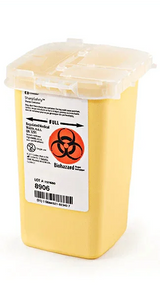 Yellow biohazard sharps container with sealed lid for safe medical waste disposal