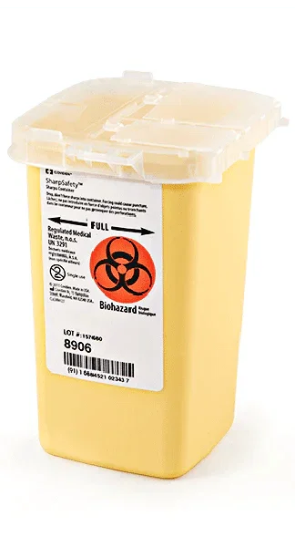 Yellow medical sharps container with biohazard label and secure lid for safe needle disposal.