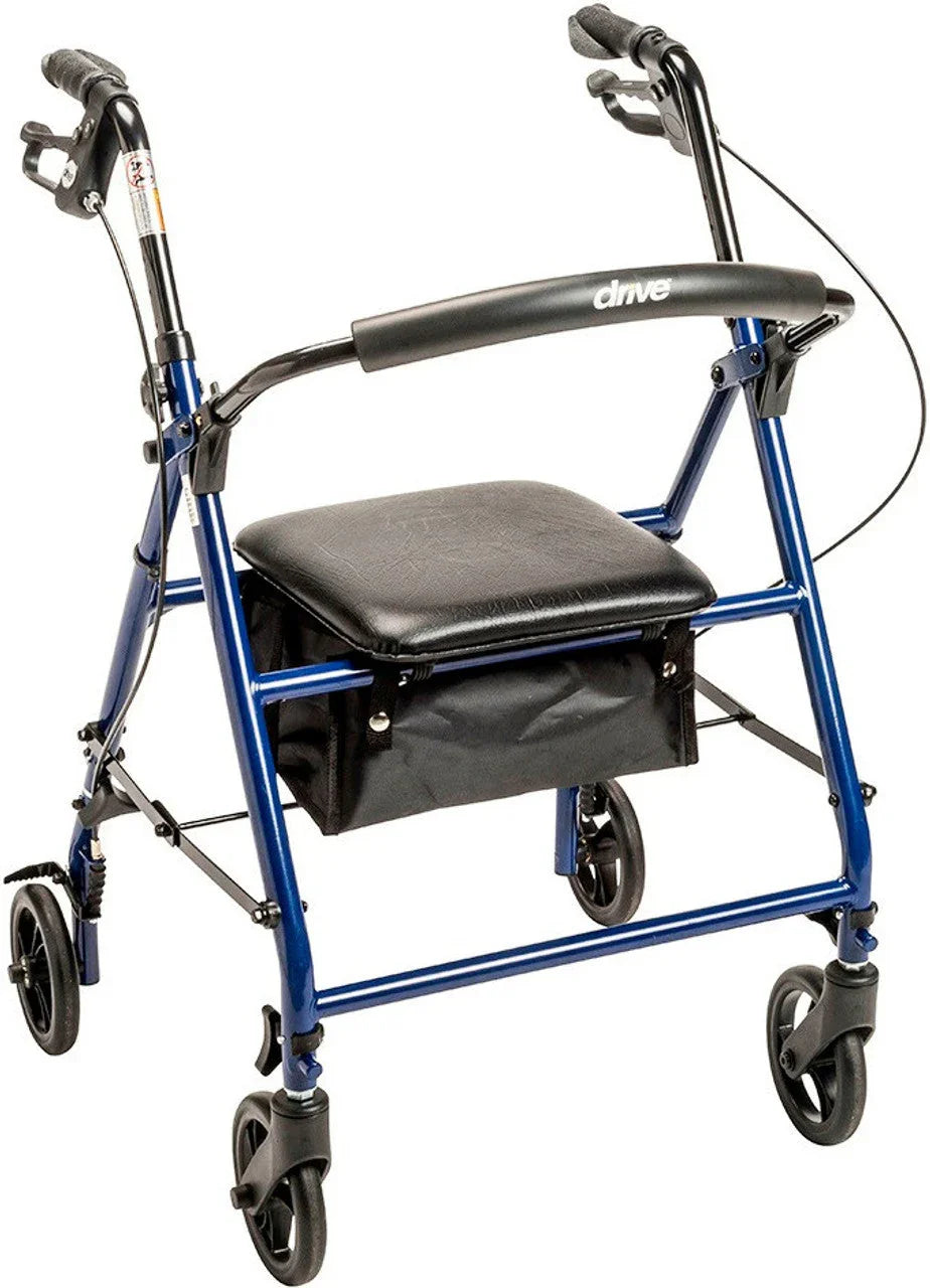 Blue folding rollator walker with seat, four wheels, and storage pouch for mobility aid