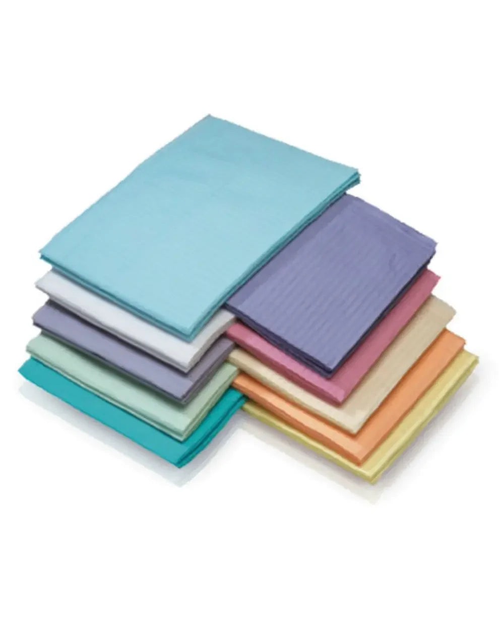 Stack of multi-colored disposable medical bibs for dental or patient care