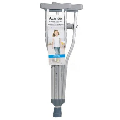 Pair of adjustable aluminum crutches with gray handles and padded grips, medical mobility aid