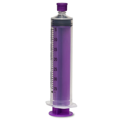 Purple 35ml medical syringe with measurement markings, isolated on white background
