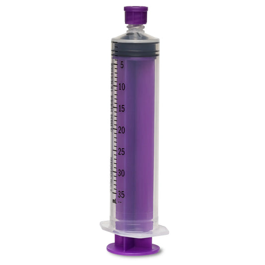 Purple 35ml medical syringe with measurement markings, isolated on white background