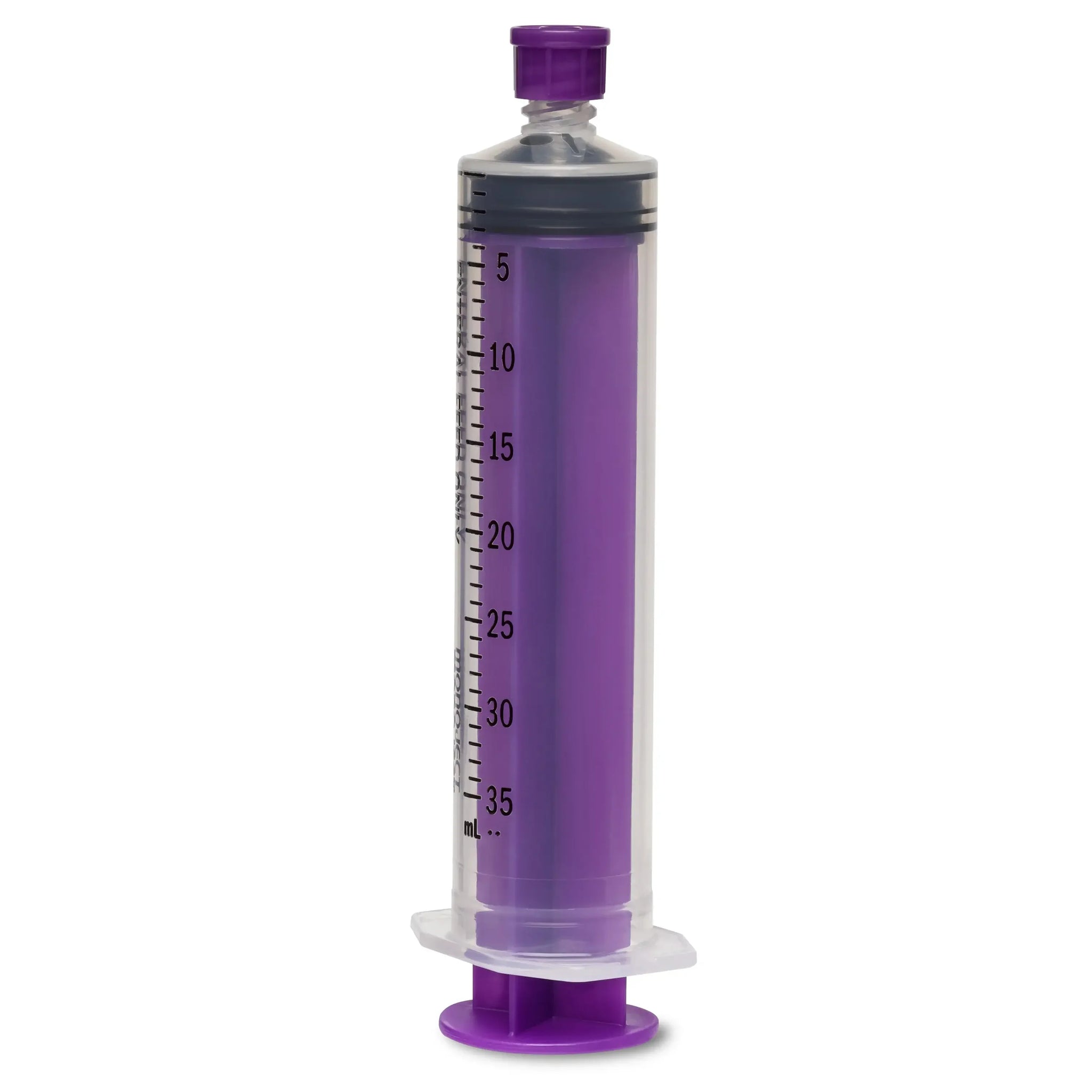 Large 35ml purple medical syringe with measurement markings for home care and clinical use