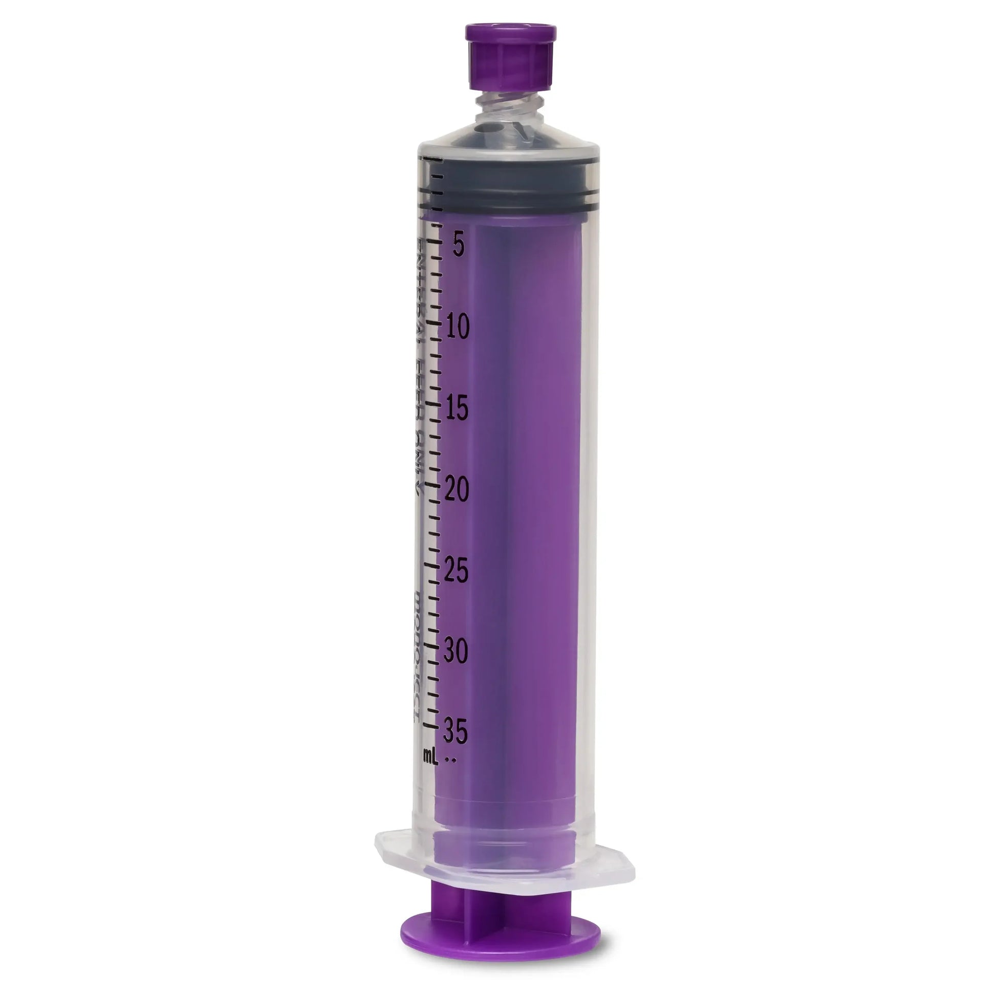 Purple 35 mL medical syringe with clear barrel, volume markings, and luer lock cap