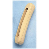 Beige foam leg or arm support cushion for medical and home care use on blue background.