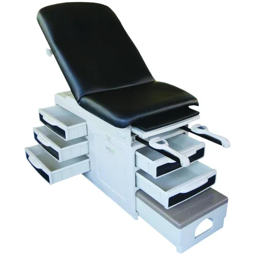 Black and white adjustable medical exam table with multiple storage drawers and pull-out steps