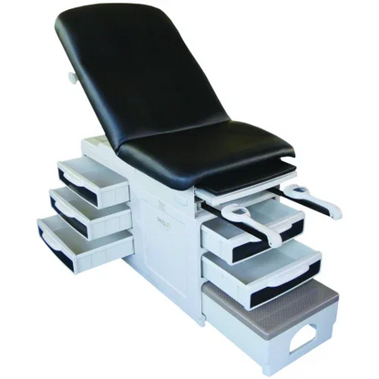 Black and white medical exam table with adjustable backrest and multiple storage drawers