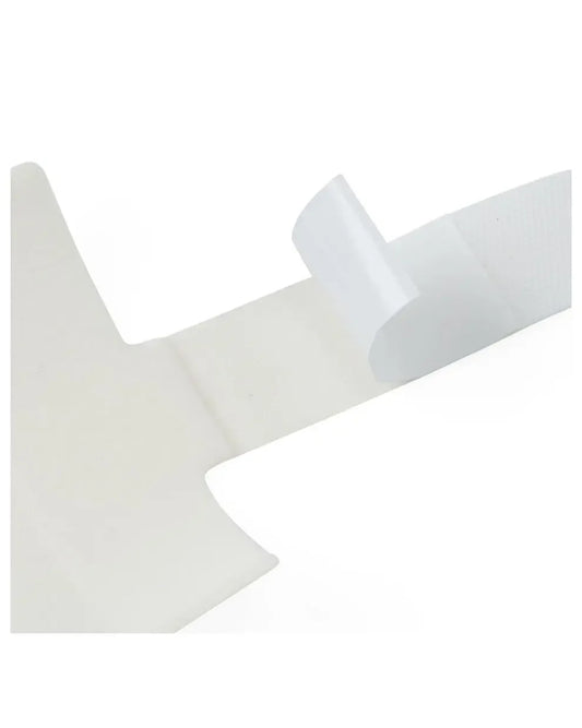 Medical adhesive bandage dressing strip with peel-off backing on white background