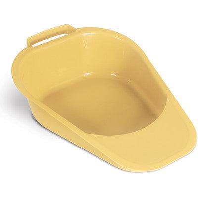 Yellow plastic bedpan with handle, medical incontinence and home care supply