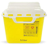 Yellow 5.1 liter biomedical sharps container with white lid for safe needle disposal