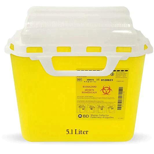 Yellow 5.1 liter biomedical sharps container with white lid for safe needle disposal