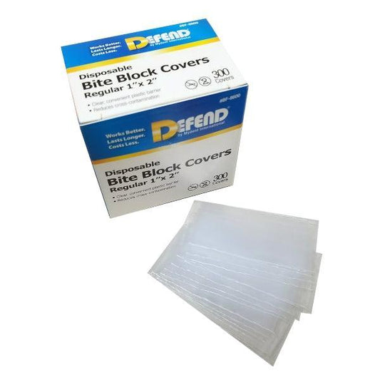 Disposable bite block covers box with clear dental covers, medical supplies.
