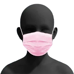 Child wearing pink ASTM Level 3 disposable face mask with ear loops, pediatric size