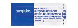 Surgilube surgical lubricant sterile packet, single-use, 3g, blue and white packaging