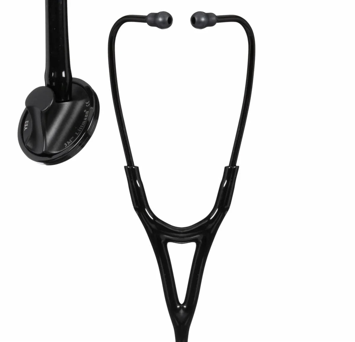 Black dual head stethoscope for medical use, featuring ear tips and chestpiece close-up.
