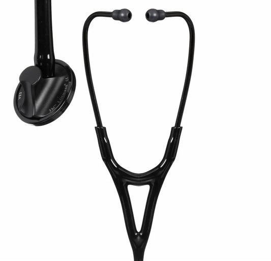 Black dual head stethoscope for medical use, featuring ear tips and chestpiece close-up.